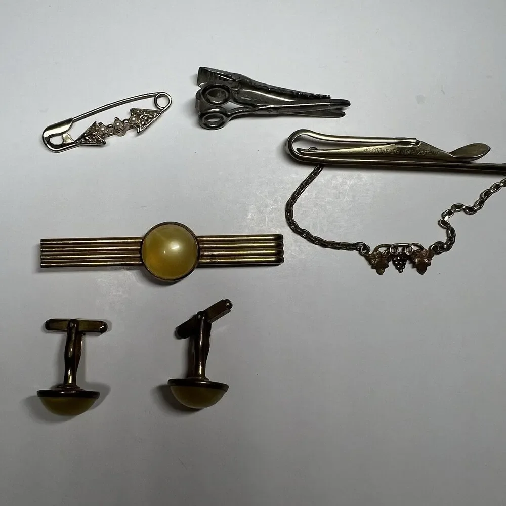 Vintage Mens Cufflinks Tie Bar Lot 6pc Nu-Lok Grape Leaf Scissors Set Spot